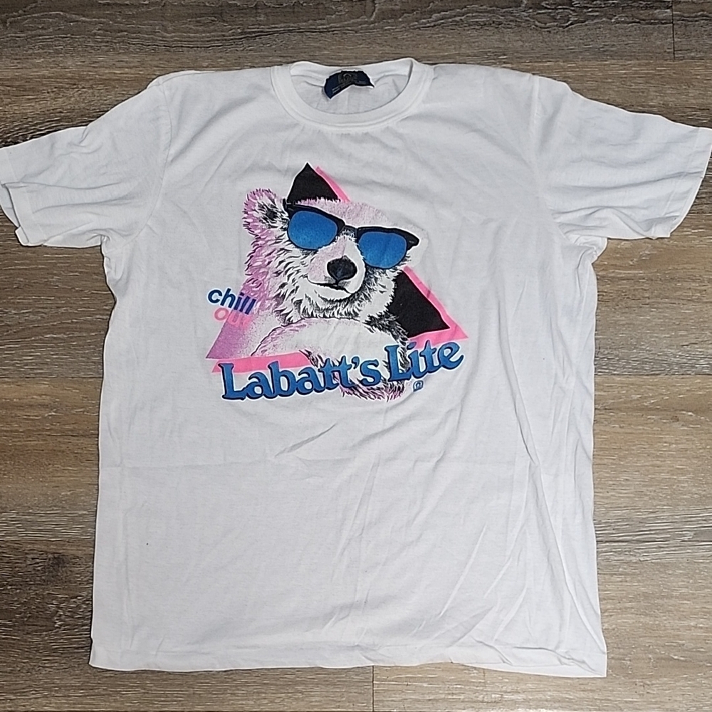 Vintage Labbatts Beer White Graphic T-Shirt with Bear Design 90s